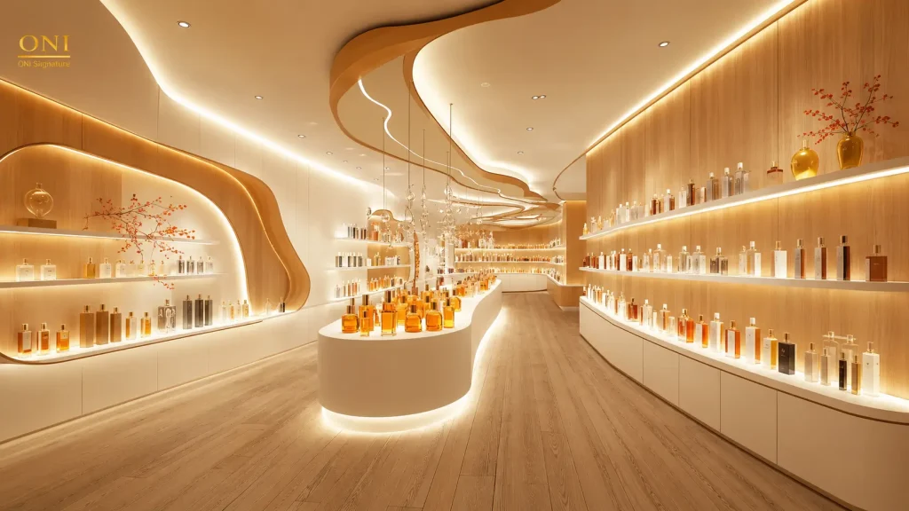 Cosmetic display fixtures with product shelving and brand presentation